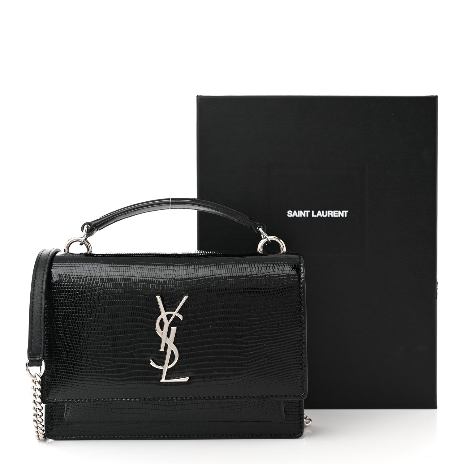 Saint Laurent Calfskin Lizard Embossed Monogram Sunset Chain Wallet Black 10 of 10