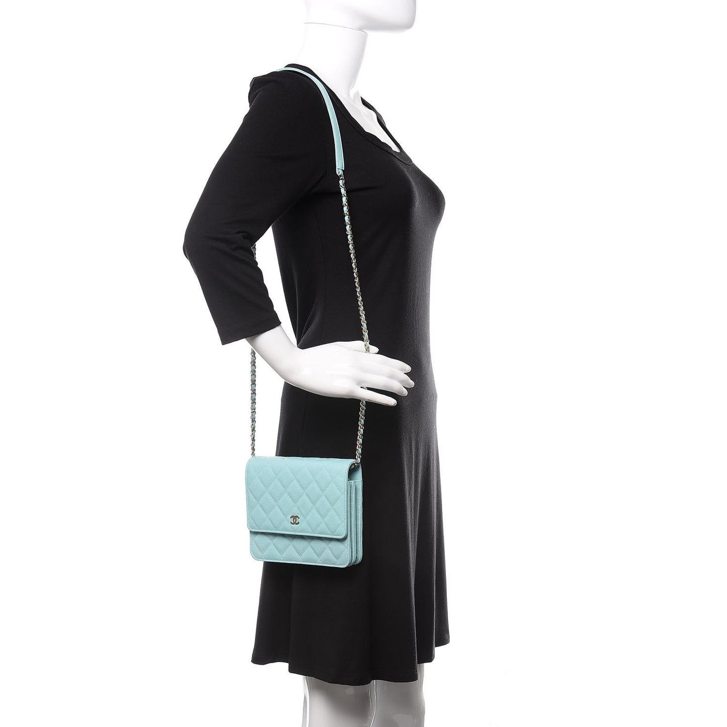 Caviar Quilted Square Wallet On Chain WOC Light Blue