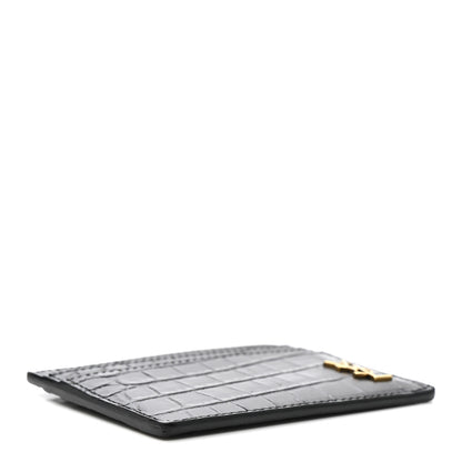 Saint Laurent Calfskin Crocodile Embossed Monogram Tiny Cassandra Credit Card Case Black 4 of 7