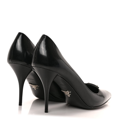Prada Spazzolato Metal Triangle Logo Pointed Toe Pumps 36.5 Black 4 of 7