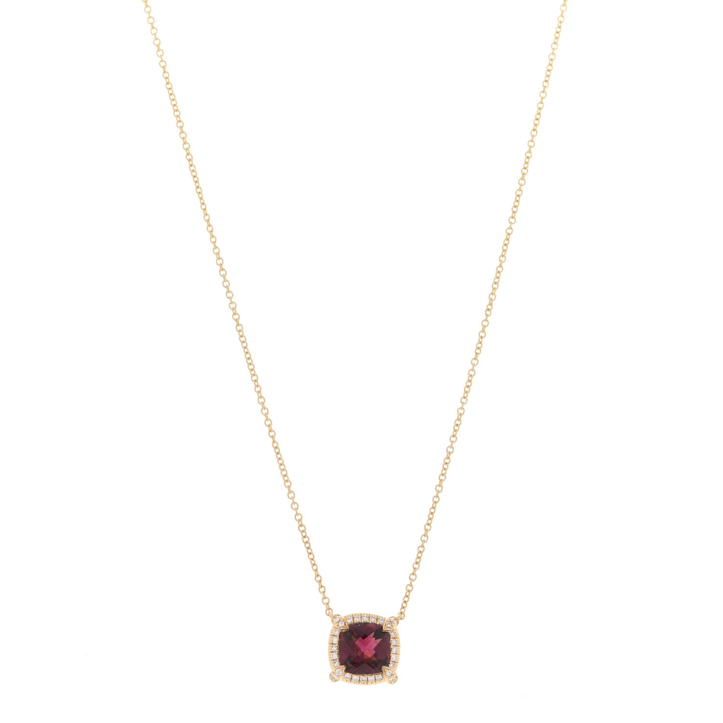 18K Yellow Gold Diamond Pink Tourmaline 7mm Petite Chatelaine Pave Bezel Pendant Necklace