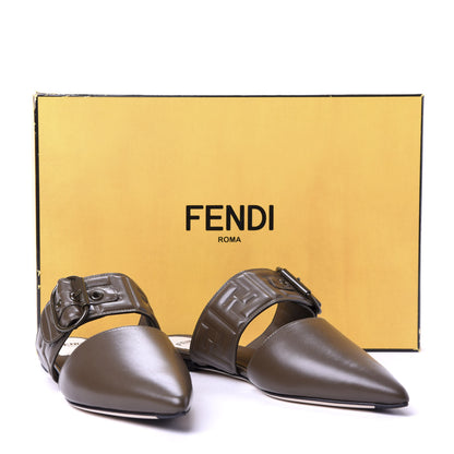 Fendi Vitello FF Embossed Buckle Flat Mules 35.5 Wood 9 of 9