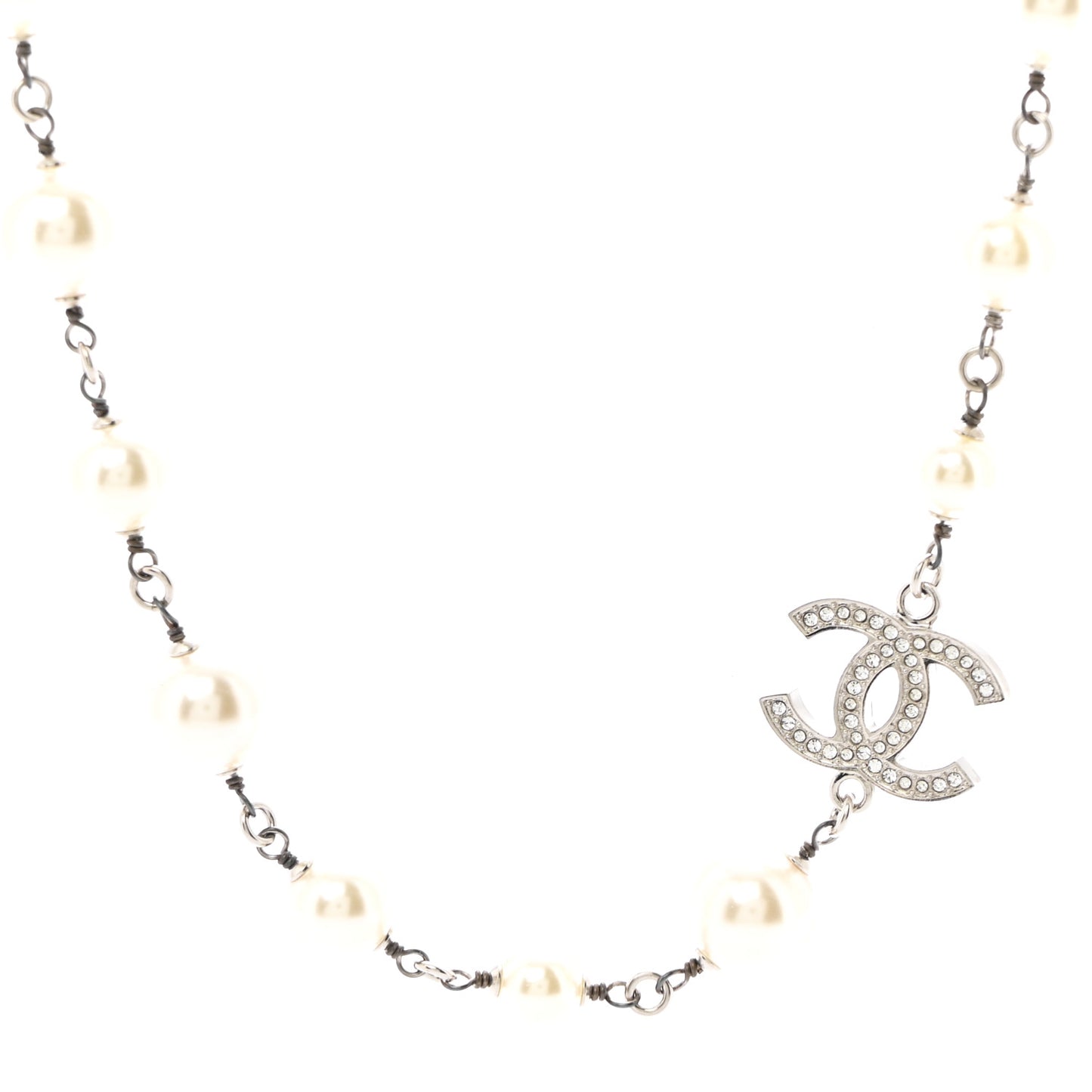 Crystal Pearl CC Long Necklace Silver