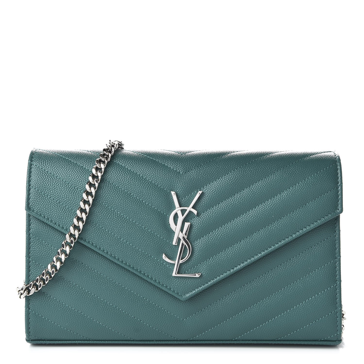 Saint Laurent Grain De Poudre Matelasse Chevron Monogram Chain Wallet Malachite 1 of 10