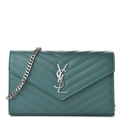 Saint Laurent Grain De Poudre Matelasse Chevron Monogram Chain Wallet Malachite 1 of 10
