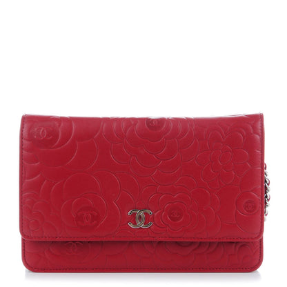 Chanel Lambskin Camellia Embossed Wallet On Chain WOC Red 1 of 8