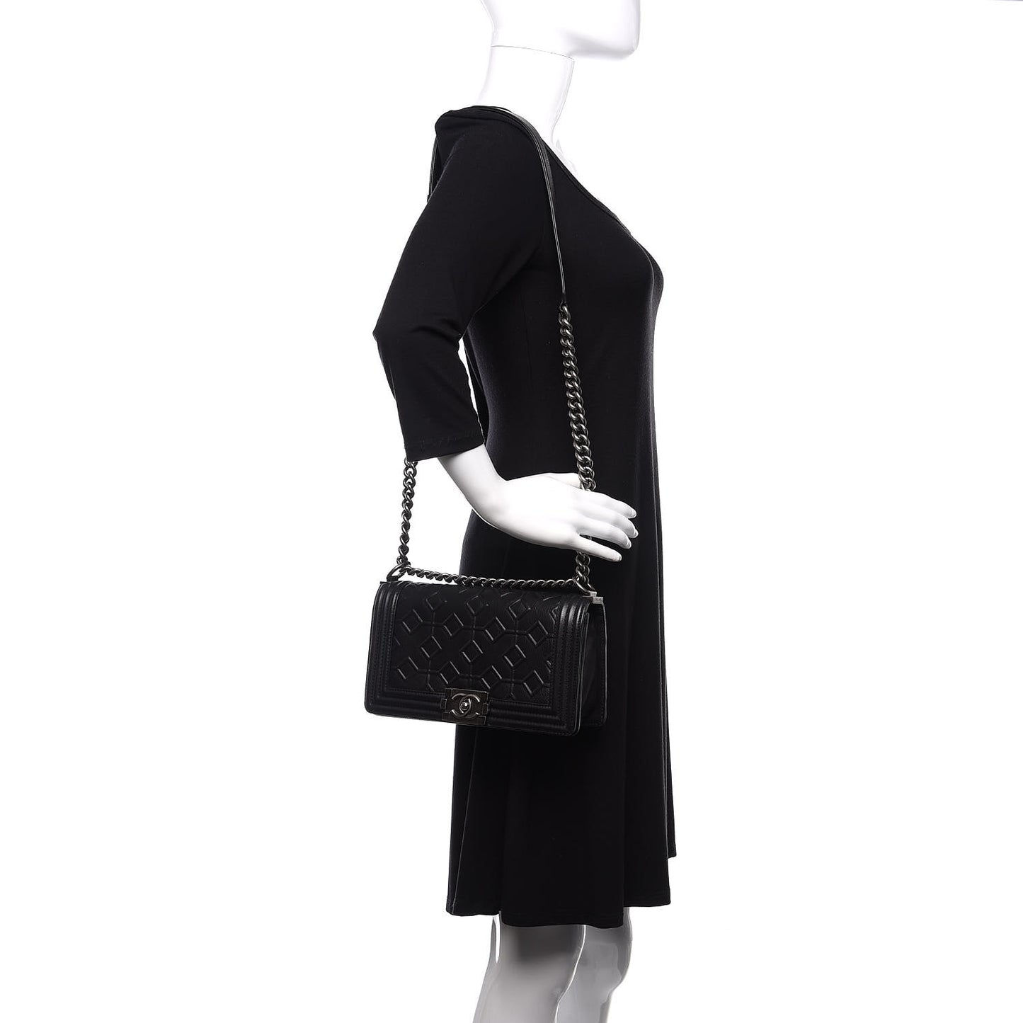 Calfskin Crystal Embossed Medium Boy Flap Black