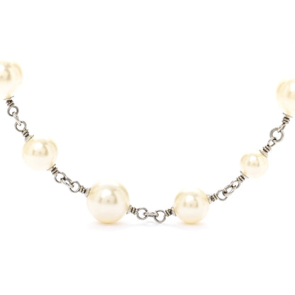 Chanel Graduated Pearl Crystal CC Long Necklace Silver 4 of 7