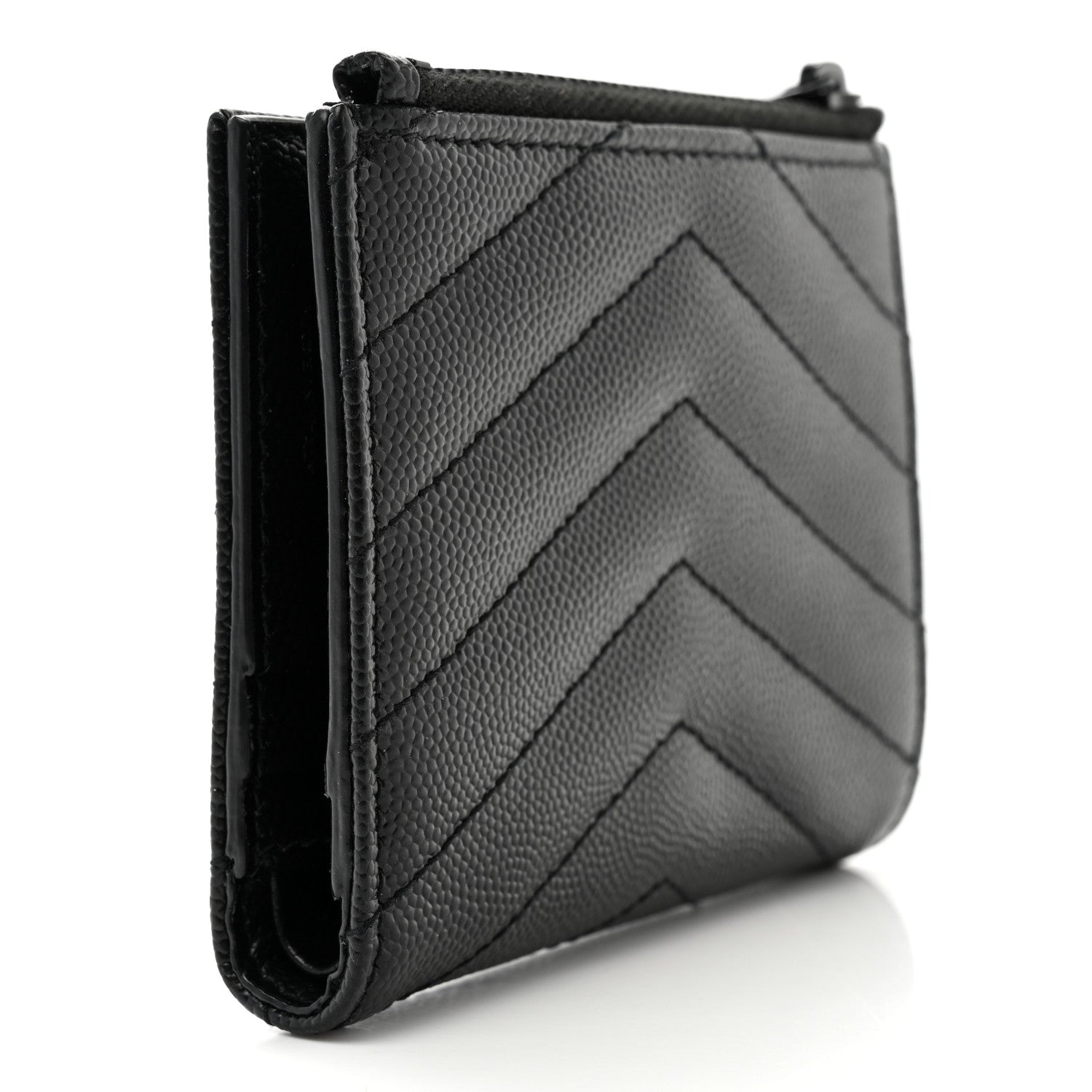 Saint Laurent Grain De Poudre Matelasse Chevron Monogram Zipped Card Case Black 3 of 9