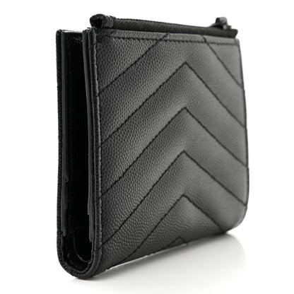 Saint Laurent Grain De Poudre Matelasse Chevron Monogram Zipped Card Case Black 3 of 9