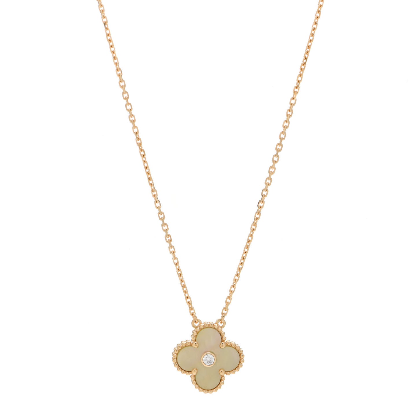 18K Yellow Gold Diamond Yellow Mother of Pearl Vintage Alhambra Pendant Necklace