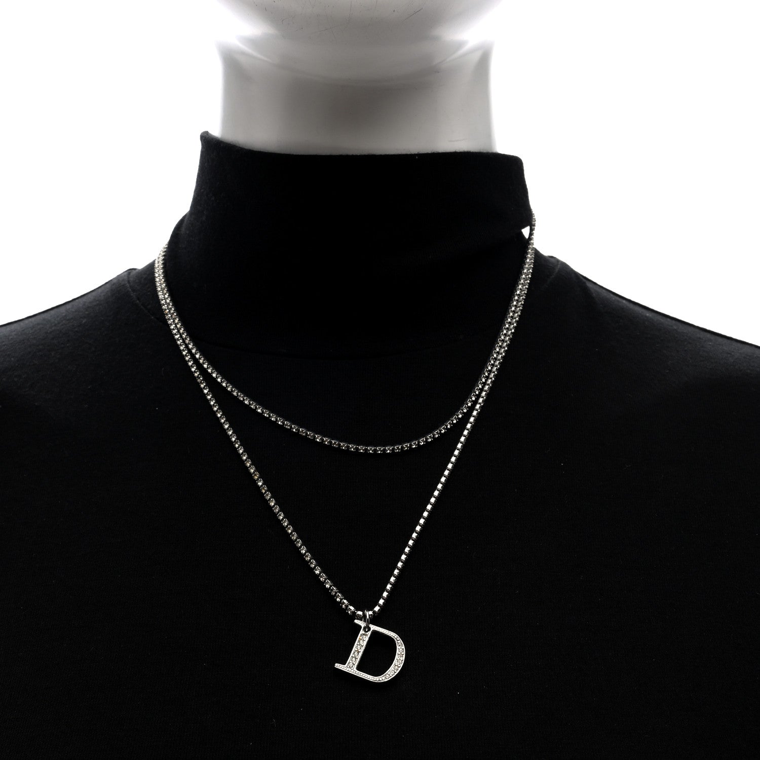 Christian Dior Crystal D Double Chain Necklace Silver 2 of 4