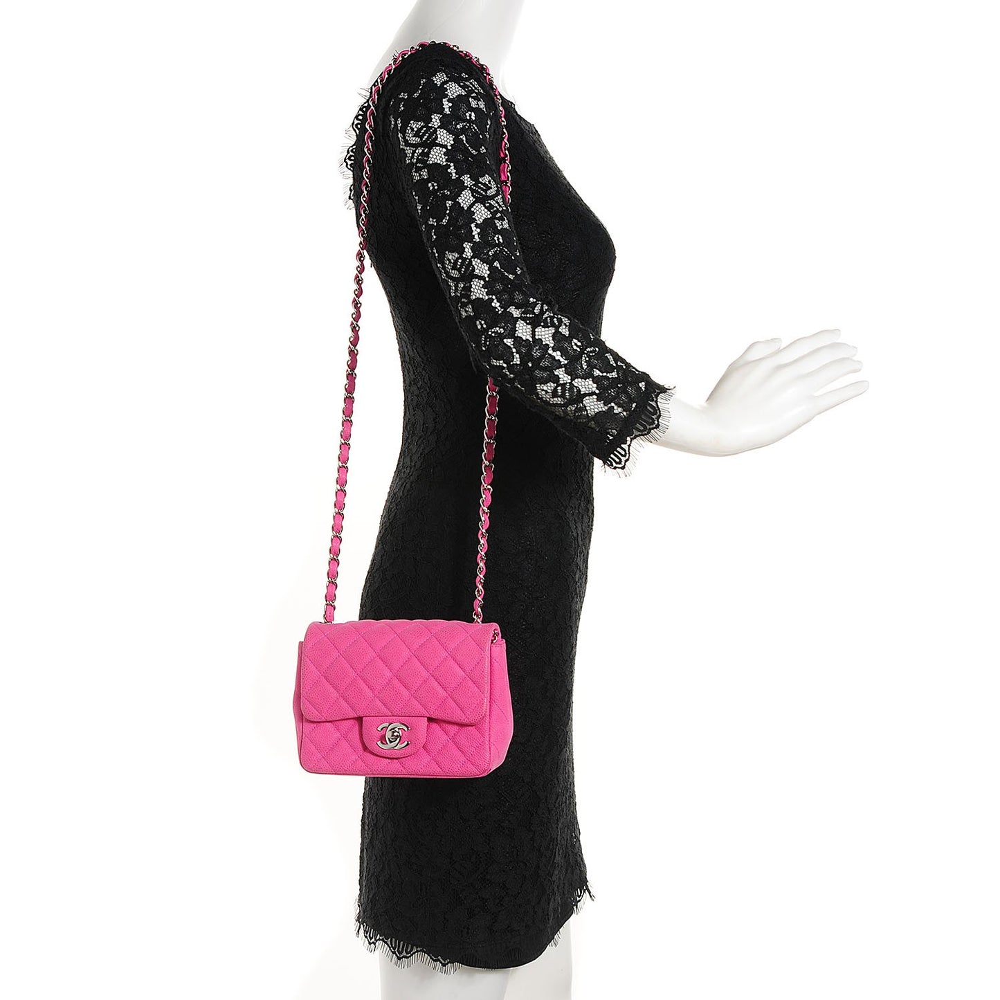 Iridescent Caviar Quilted Mini Flap Hot Pink