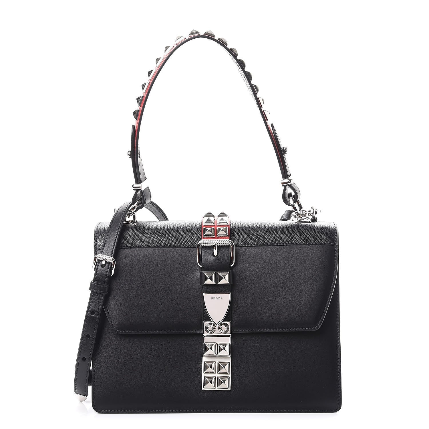 Prada Saffiano City Calfskin Studded Elektra Shoulder Bag Black Fuoco 1 of 8