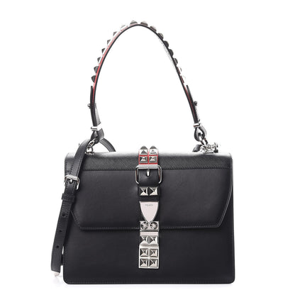 Prada Saffiano City Calfskin Studded Elektra Shoulder Bag Black Fuoco 1 of 8