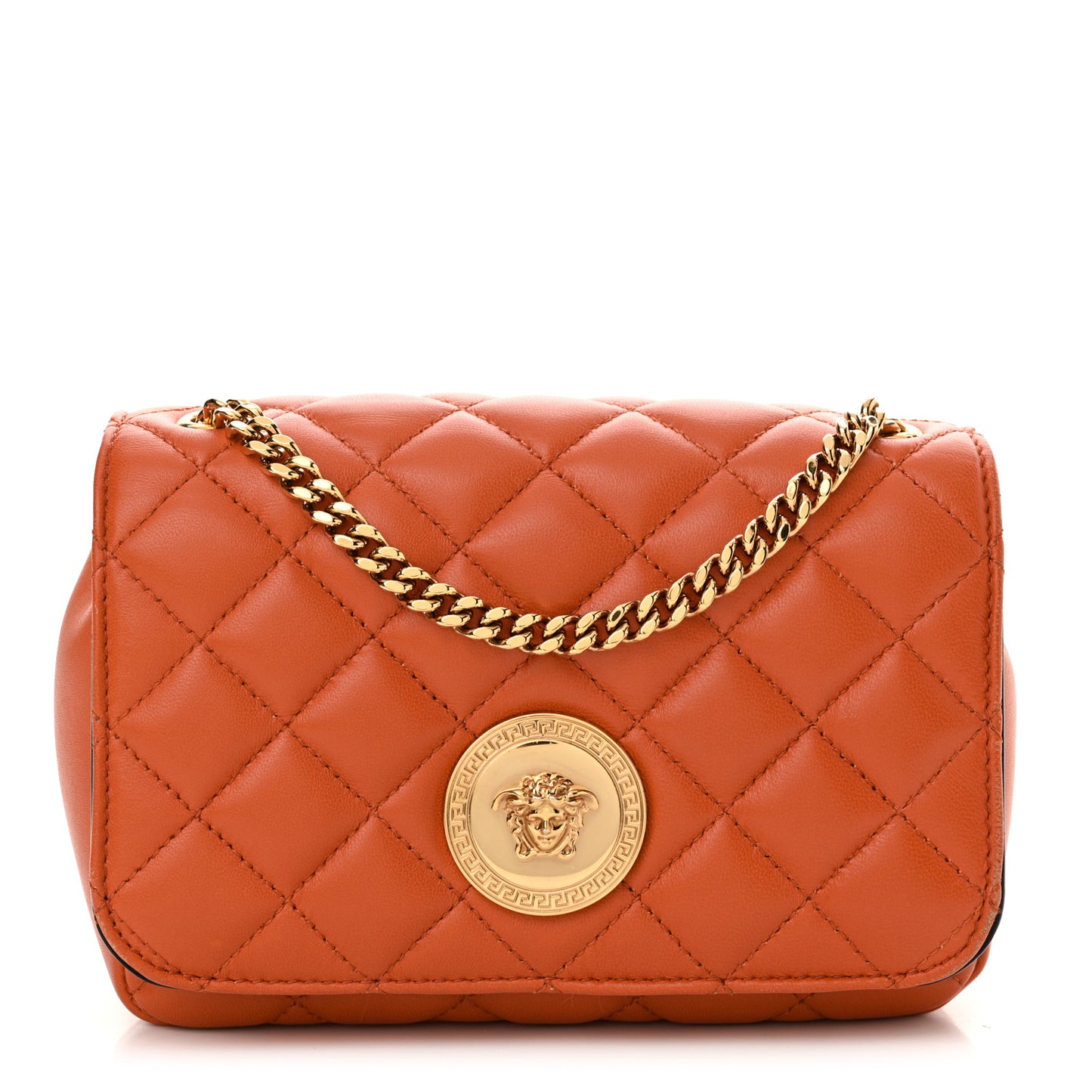 Nappa Quilted Small Medusa Chain Crossbody Dark Orange