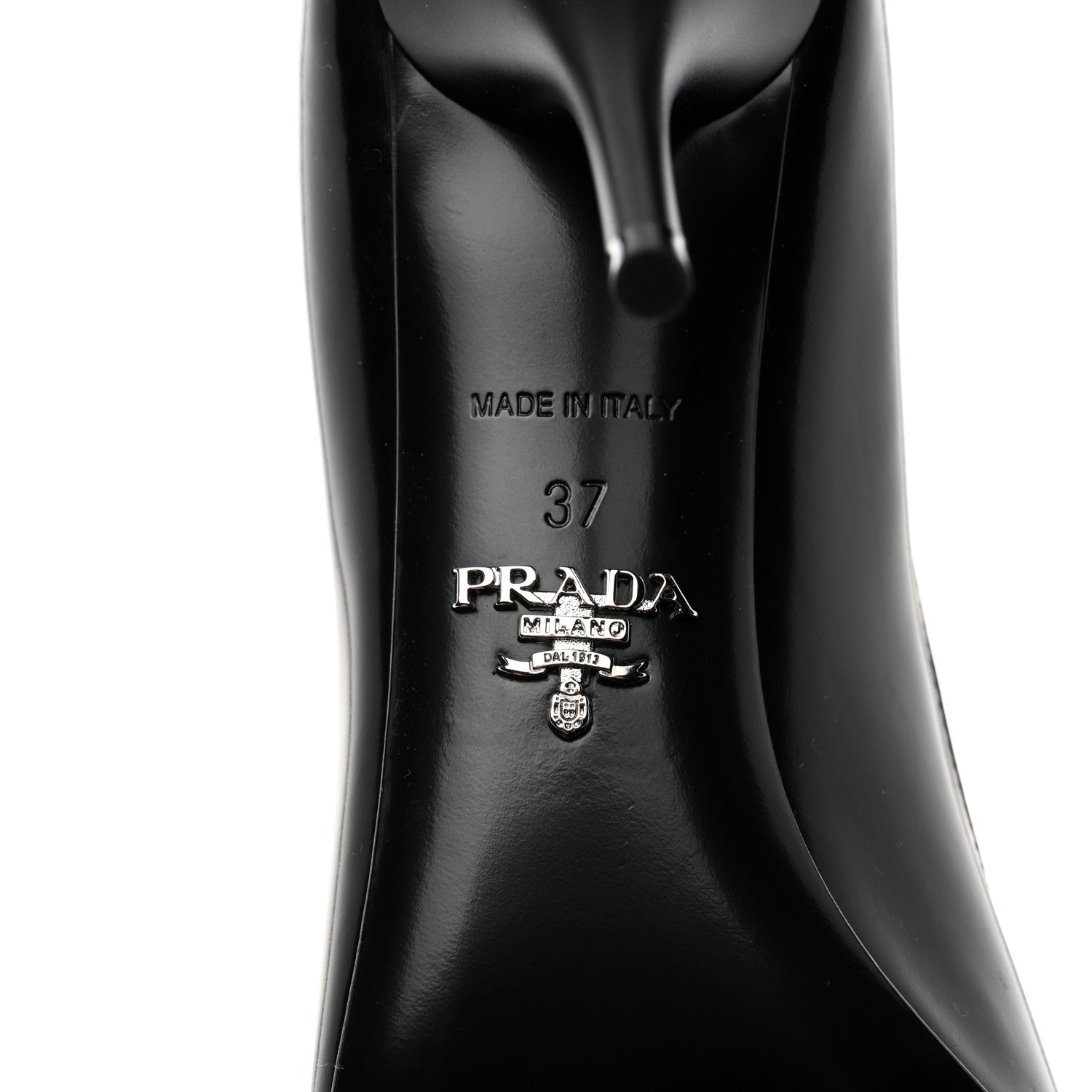 Prada Spazzolato Metal Triangle Logo Pointed Toe Pumps 37 Black 7 of 7