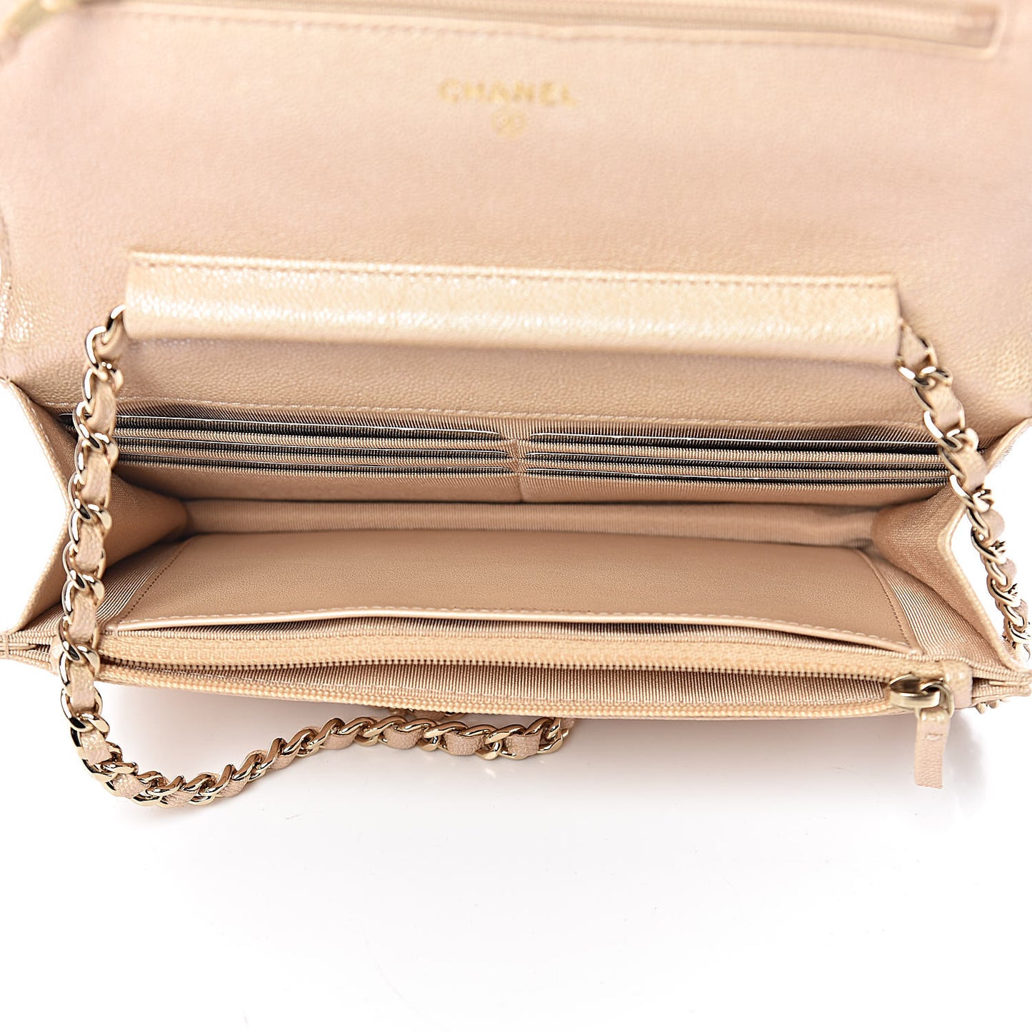 Iridescent Caviar Quilted Wallet On Chain WOC Beige