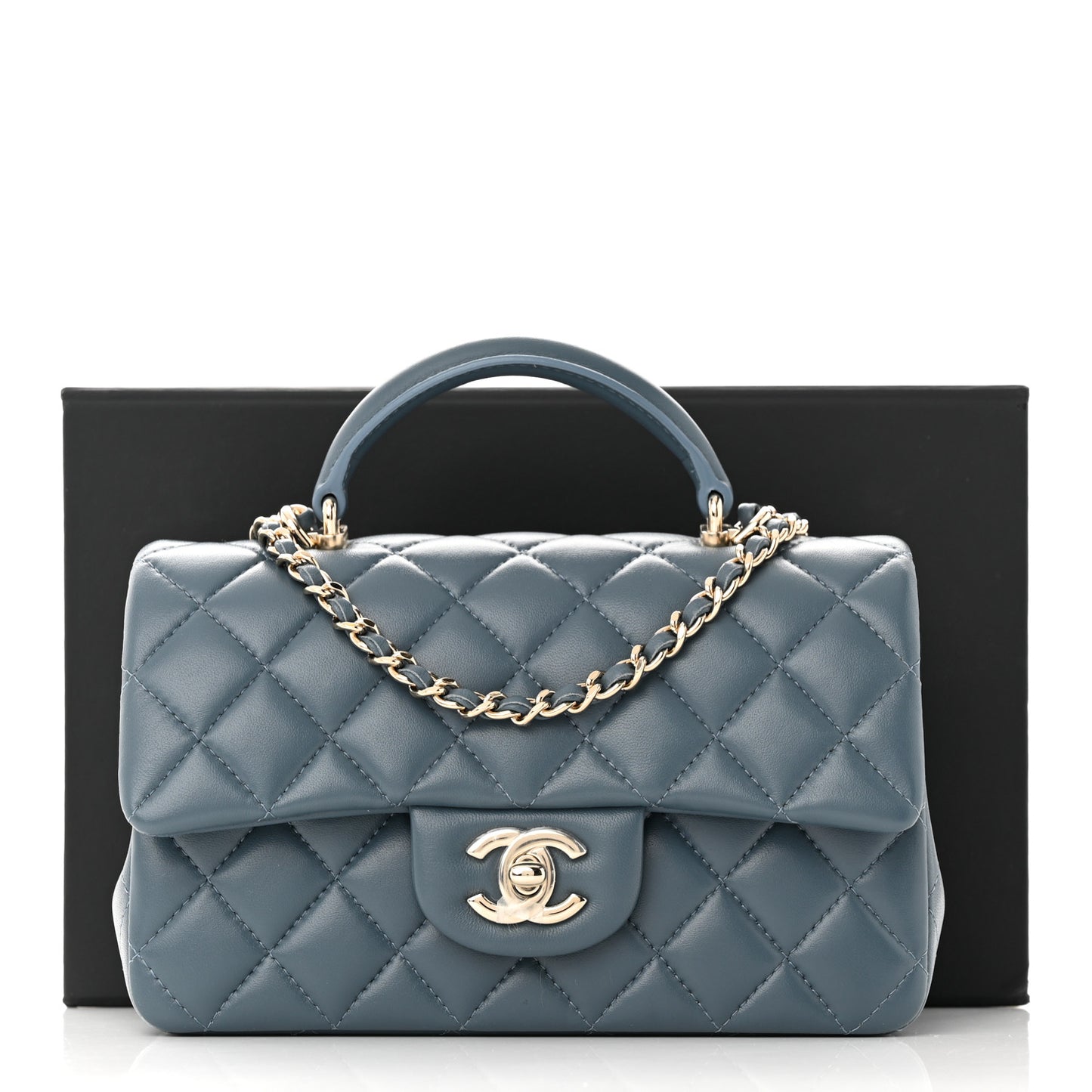 Lambskin Quilted Mini Top Handle Rectangular Flap Blue