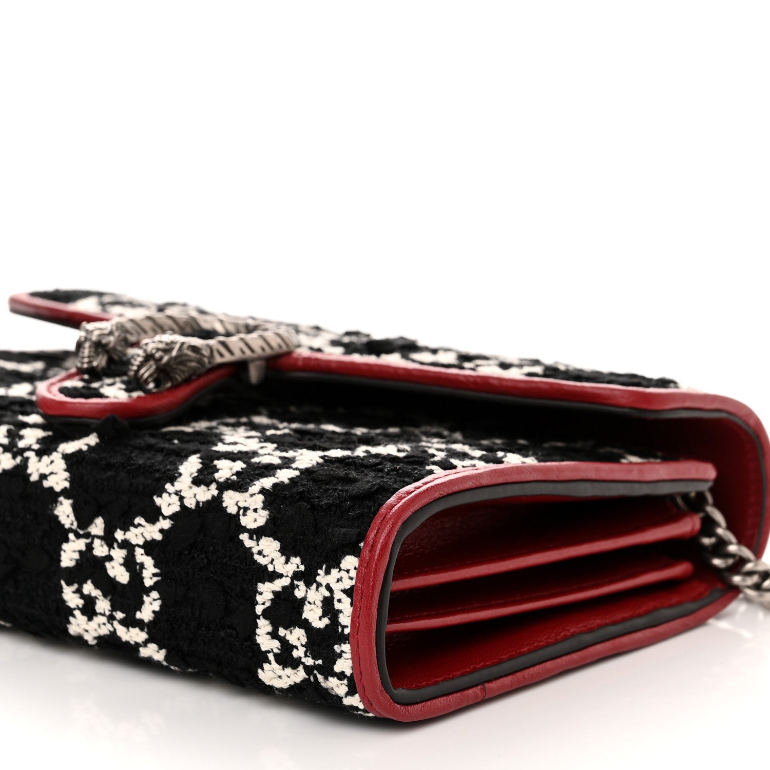 Gucci Tweed GG Monogram Mini Dionysus Chain Wallet Black White Romantic Cherry 10 of 11