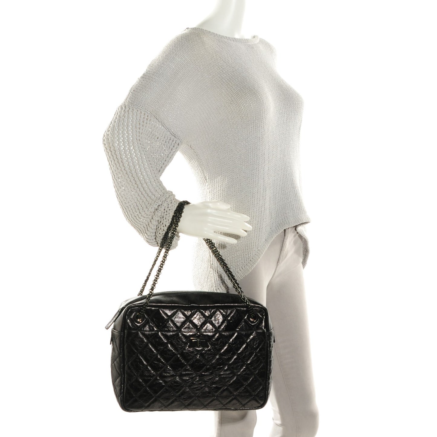 Metallic Aged Calfskin Quilted Large Reissue Camera Case Black