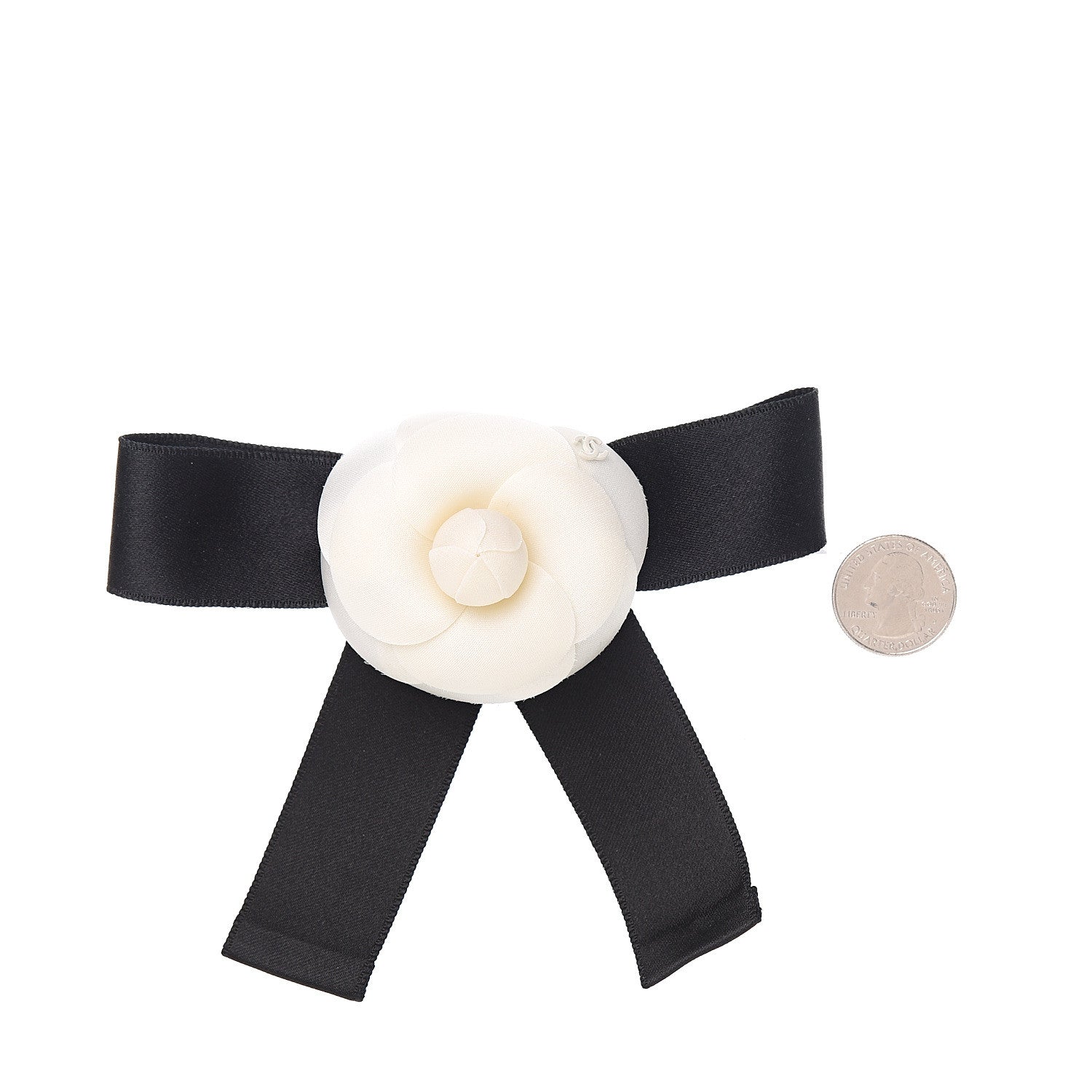 Chanel Satin Camellia CC Hair Clip Barrette White Black 2 of 4