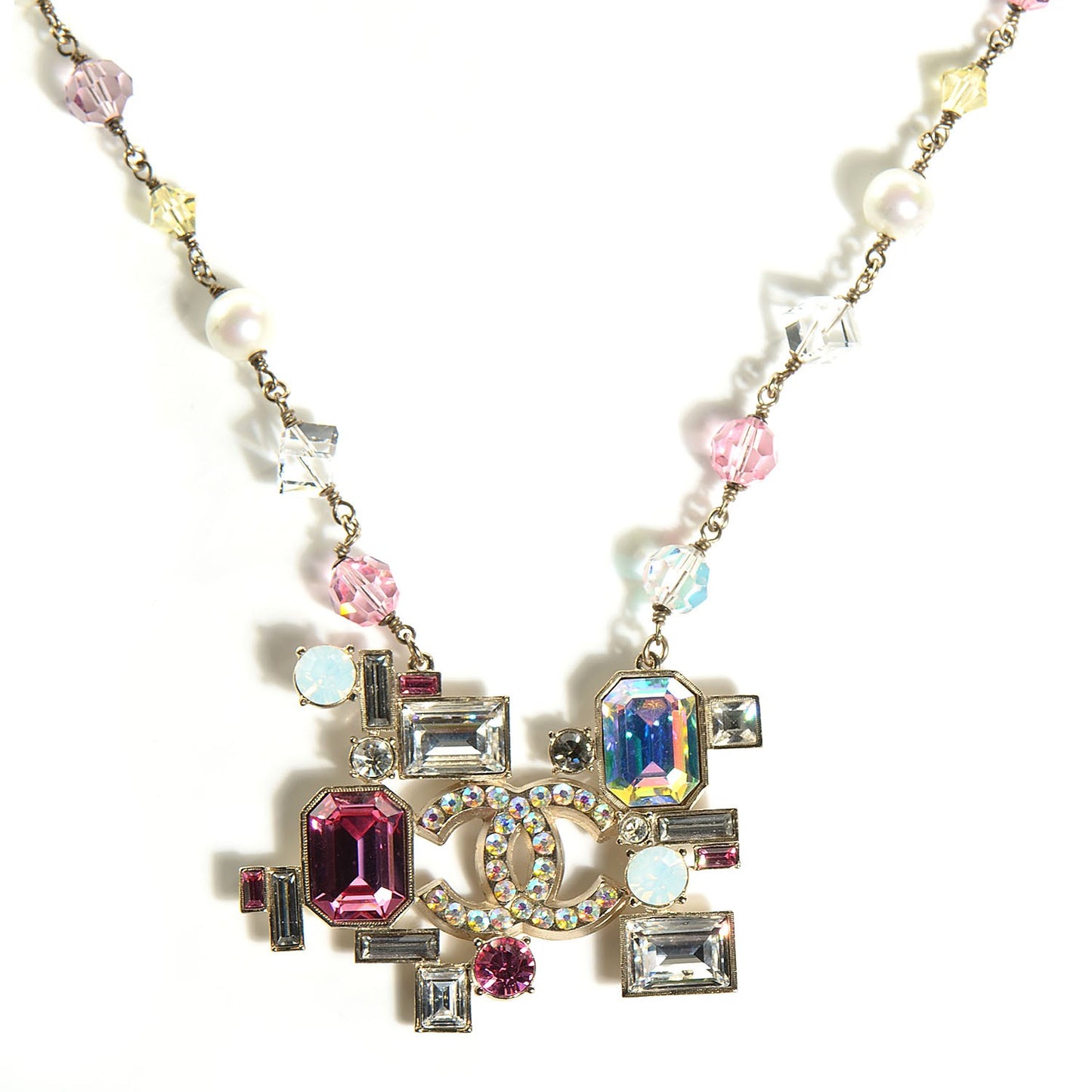 Crystal Baguette CC Pearl Necklace Pink Gold