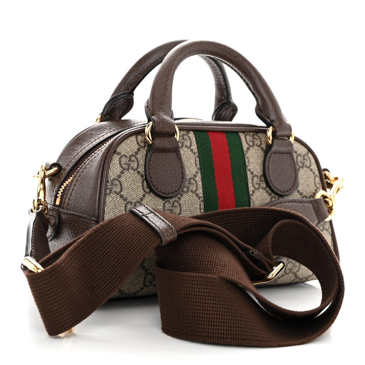 GG Supreme Monogram Textured Dollar Calfskin Web Mini Ophidia Top Handle Bowler Bag Beige Ebony New Acero