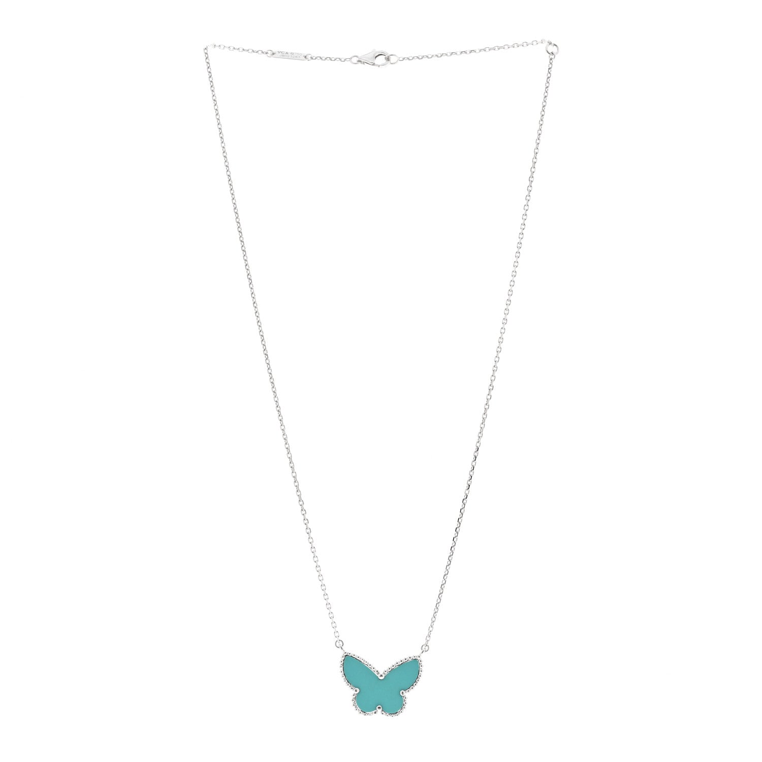 Van Cleef & Arpels 18K White Gold Turquoise Lucky Alhambra Butterfly Pendant Necklace 3 of 4