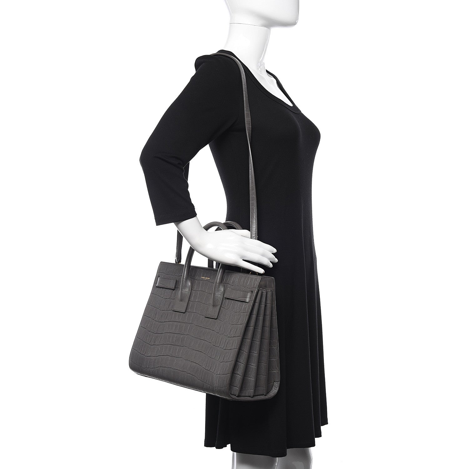Saint Laurent Calfskin Crocodile Embossed Small Sac De Jour Fog 2 of 13