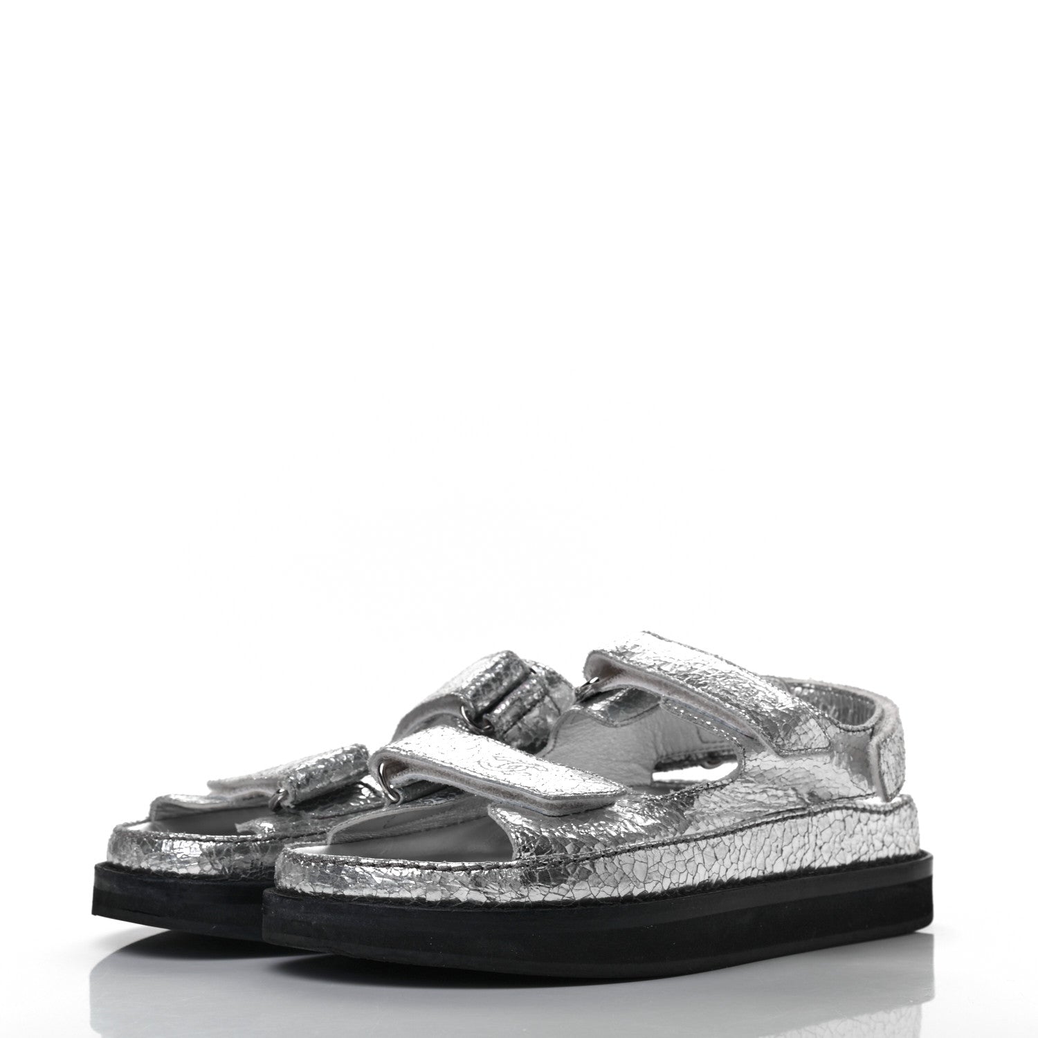 Chanel Metallic Crackled Calfskin Velcro Dad Sandals 36 Silver 3 of 7