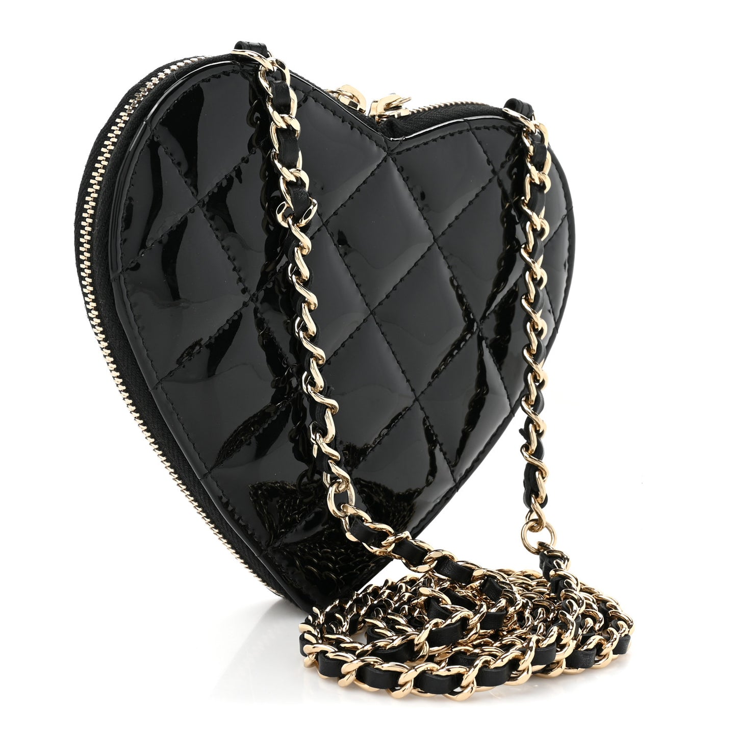 Patent Calfskin Resin Quilted CC Heart Clutch With Chain Black