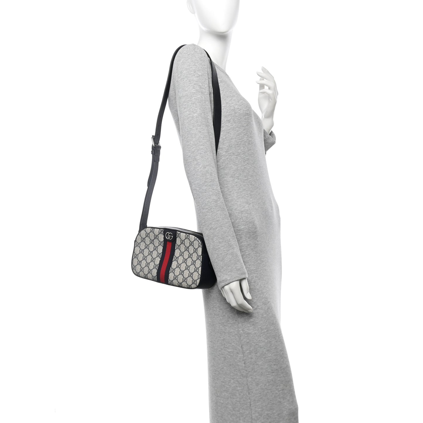 GG Supreme Monogram Textured Dollar Calfskin Web Small Ophidia Camera Bag Beige Blue