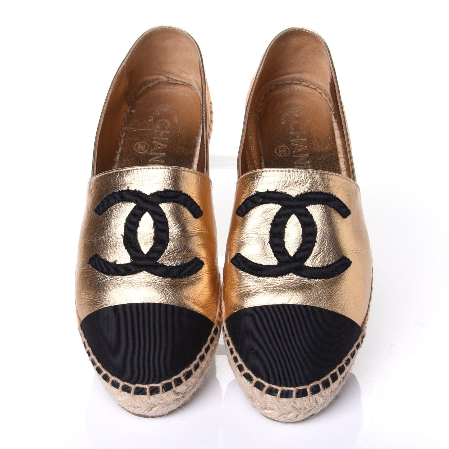Laminated Lambskin Grosgrain CC Espadrilles 38 Gold Black