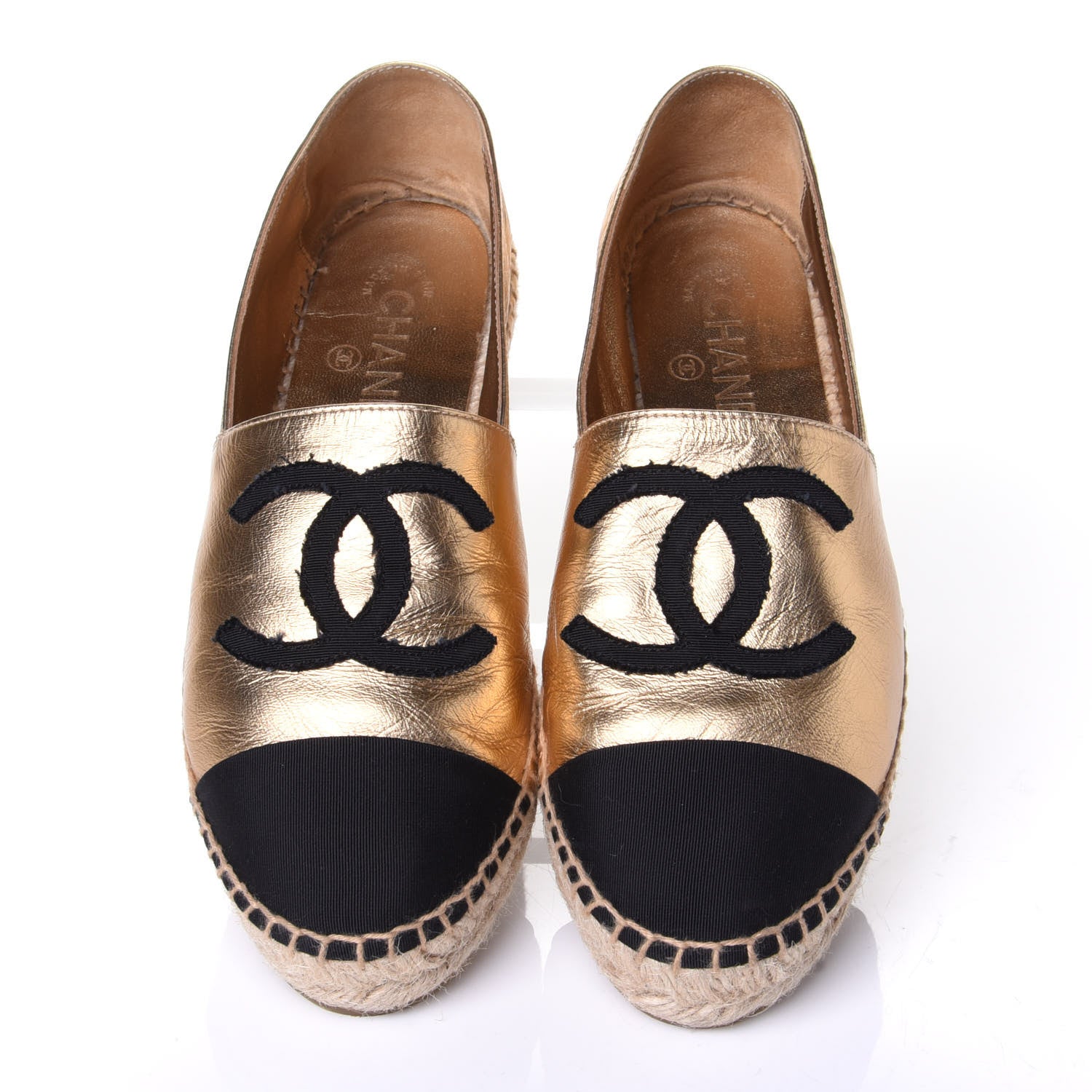 Chanel Laminated Lambskin Grosgrain CC Espadrilles 38 Gold Black 5 of 11