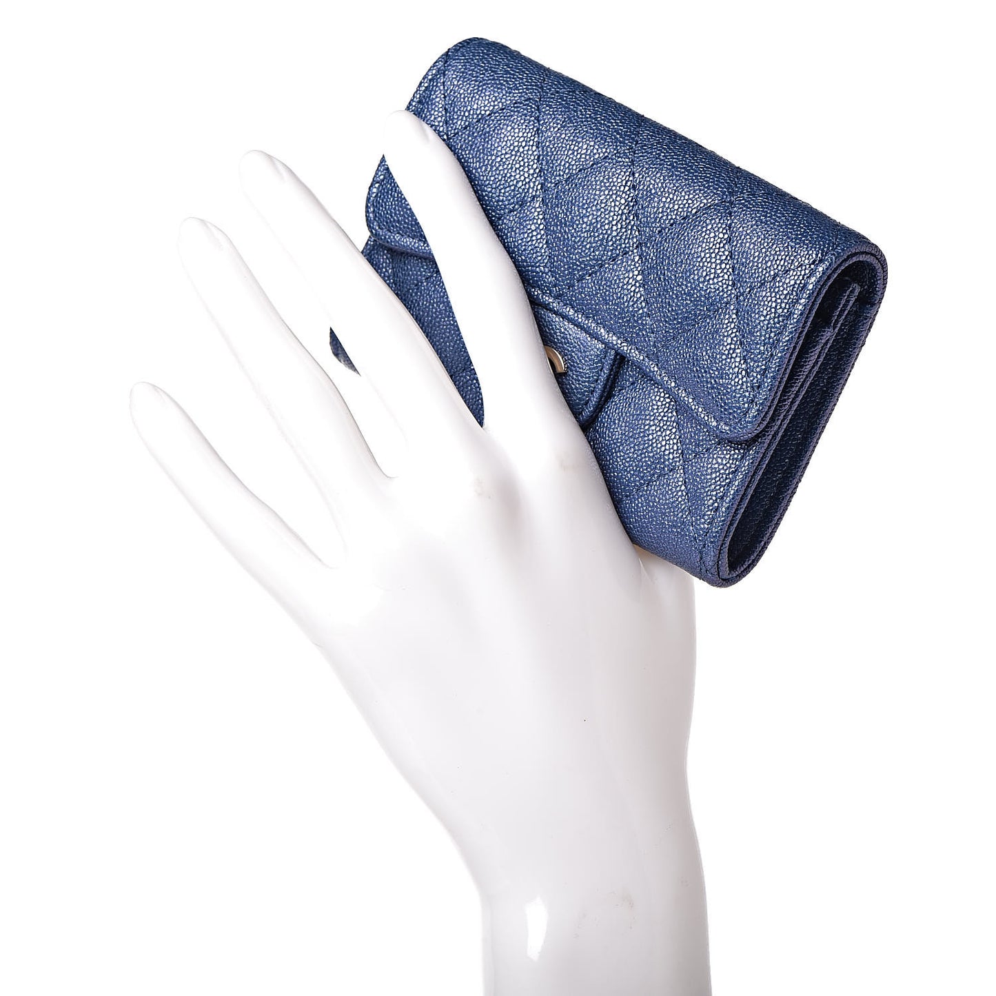 Iridescent Caviar Quilted Flap Card Holder Dark Blue