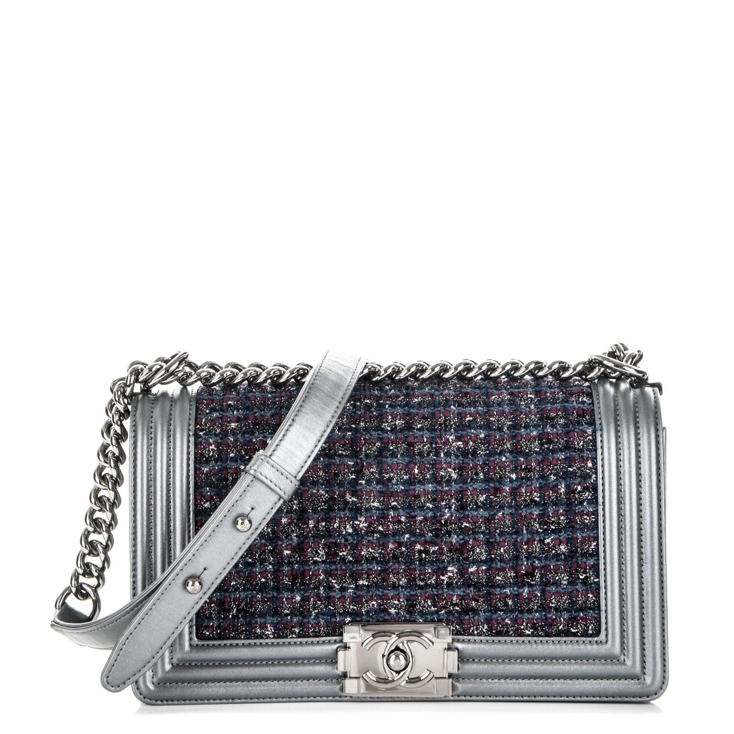 Chanel Tweed Metallic Lambskin Medium Boy Flap Silver 1 of 7
