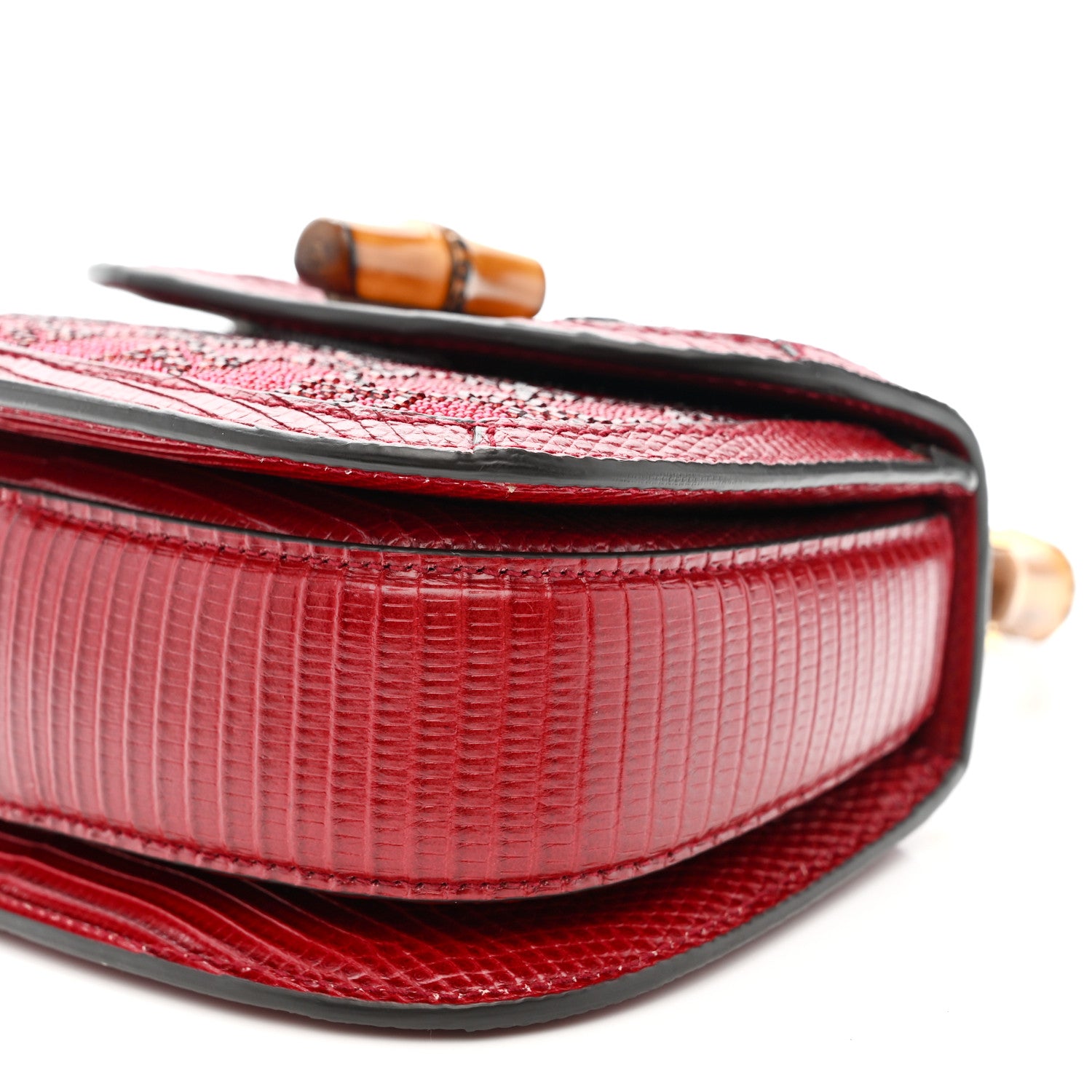 Gucci Moire Fabric Calfskin Rhinestone Monogram Monochrome Lizard Embossed Mini Bamboo 1947 Top Handle Chain Bag Red 10 of 10