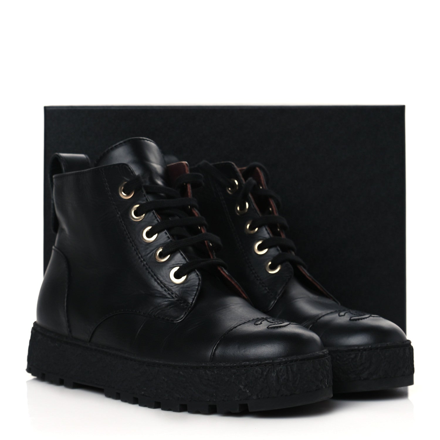 Chanel Calfskin Lace Up Cap Toe CC Boots 39.5 Black 9 of 9