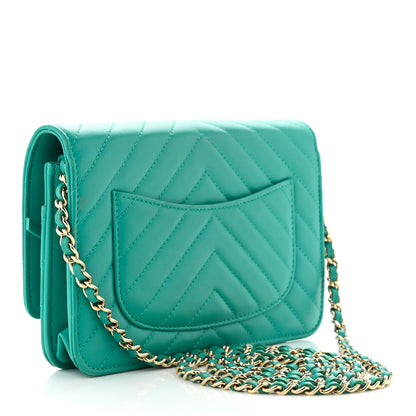 Chanel Lambskin Chevron Quilted Wallet On Chain WOC Turquoise 3 of 10