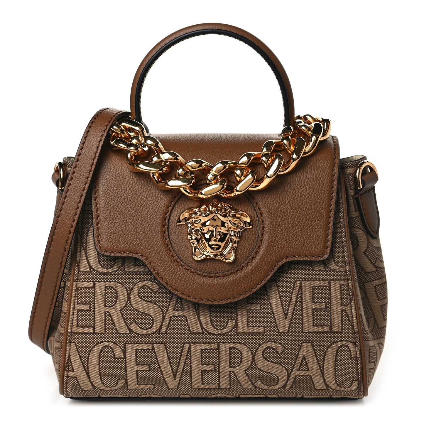 Calfskin Canvas Allover La Medusa Small Top Handle Handbag Brown