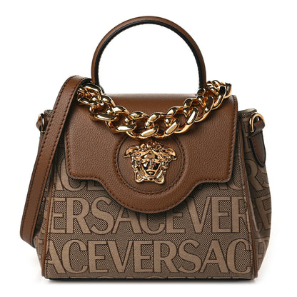 Versace Calfskin Canvas Allover La Medusa Small Top Handle Handbag Brown 1 of 8