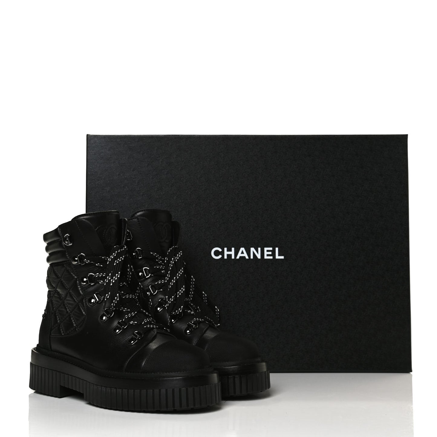 Calfskin Grosgrain Quilted Lace Up Boots 36.5 Black Grey