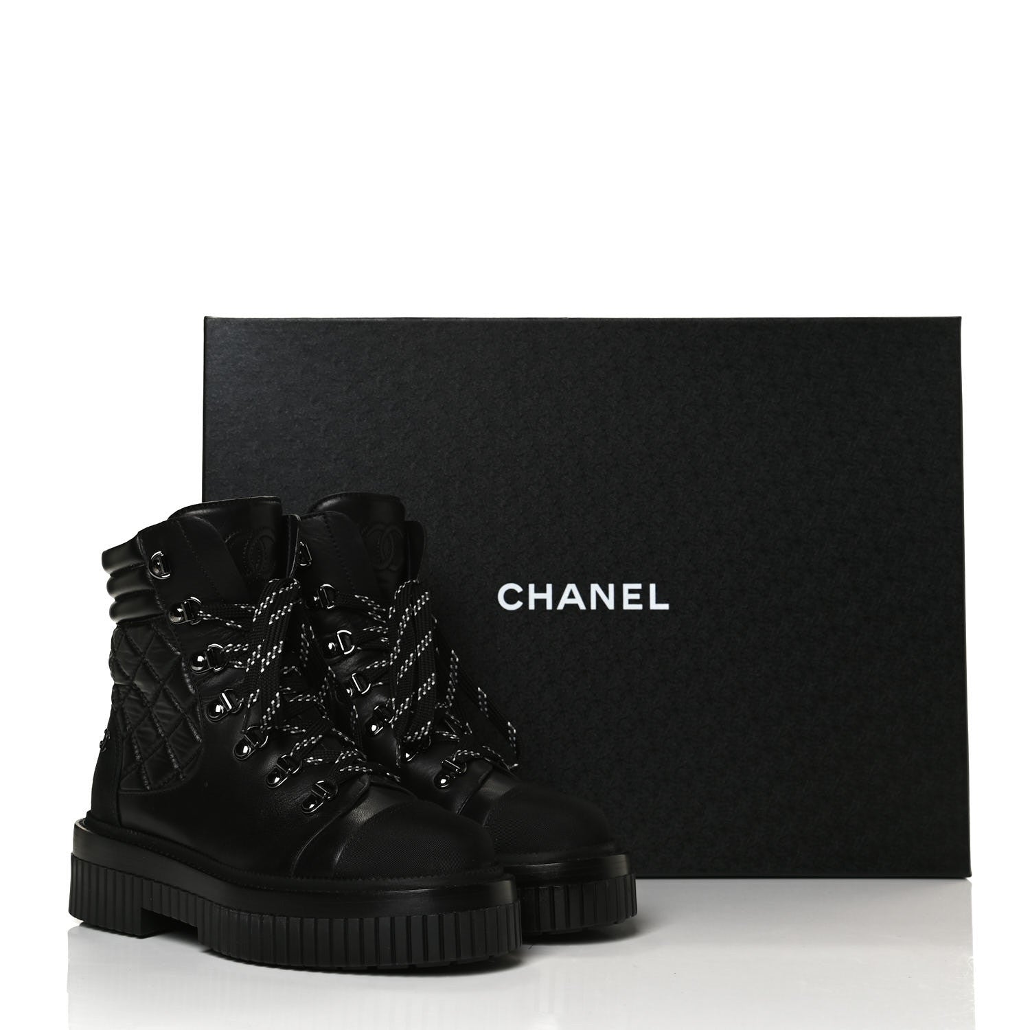 Chanel Calfskin Grosgrain Quilted Lace Up Boots 36.5 Black Grey 10 of 10