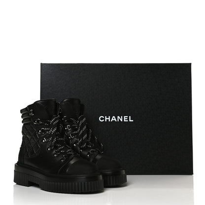 Chanel Calfskin Grosgrain Quilted Lace Up Boots 36.5 Black Grey 10 of 10