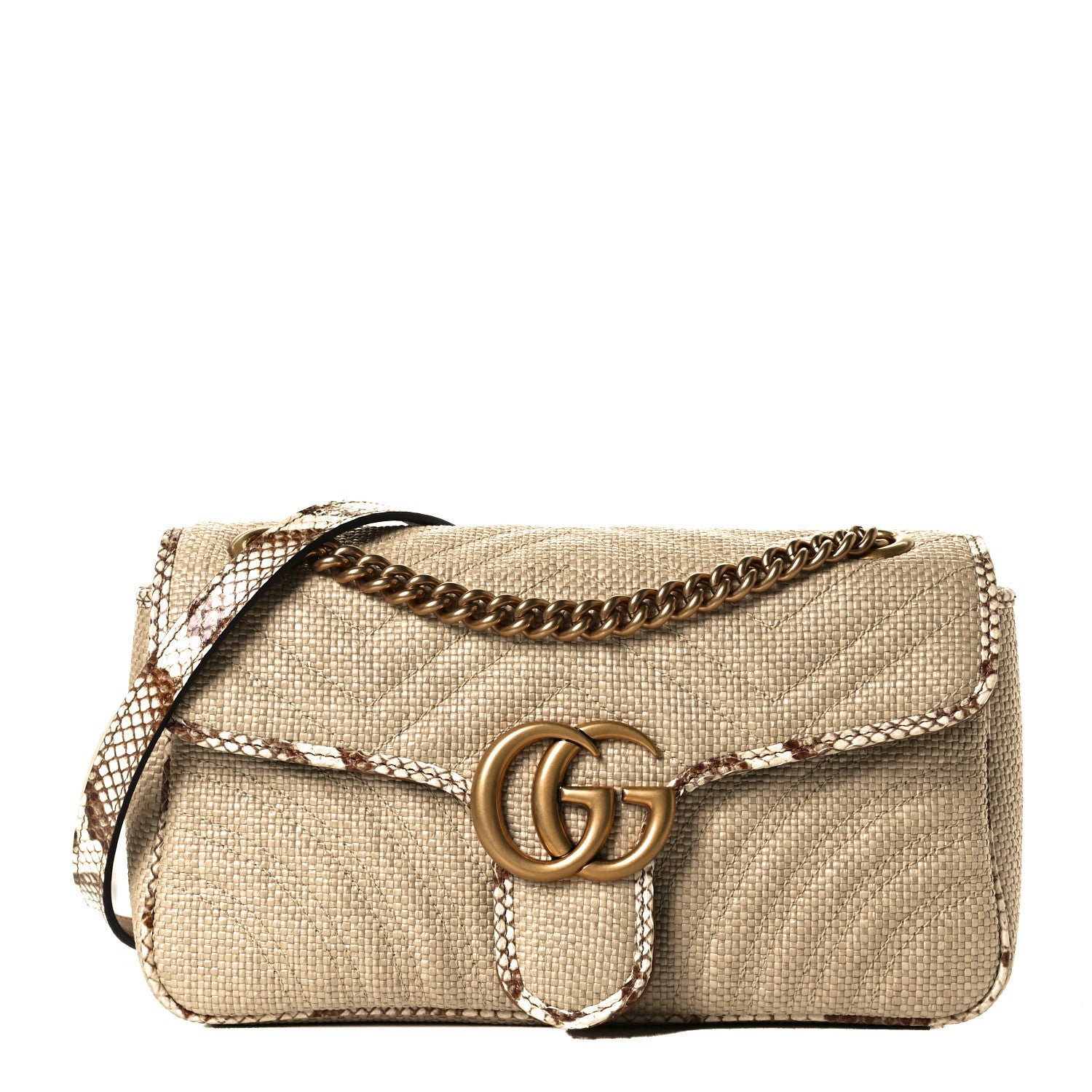 Gucci Raffia Elaphe Matelasse Small GG Marmont Shoulder Bag Natural Cream Brown 1 of 6