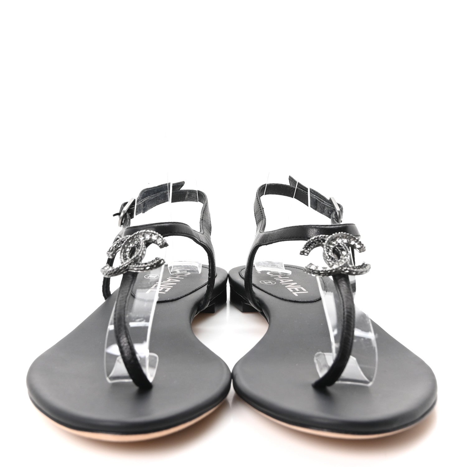 Chanel Lambskin Crystal CC Thong Sandals 38 Black 3 of 9