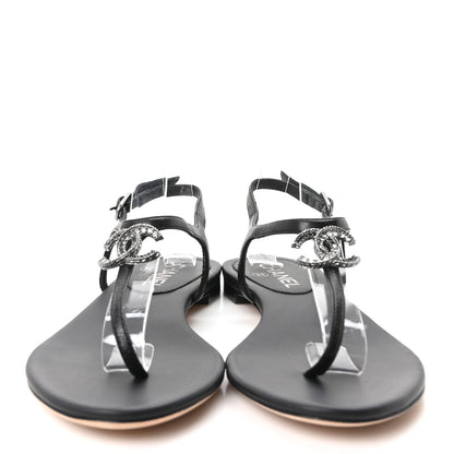 Chanel Lambskin Crystal CC Thong Sandals 38 Black 3 of 9