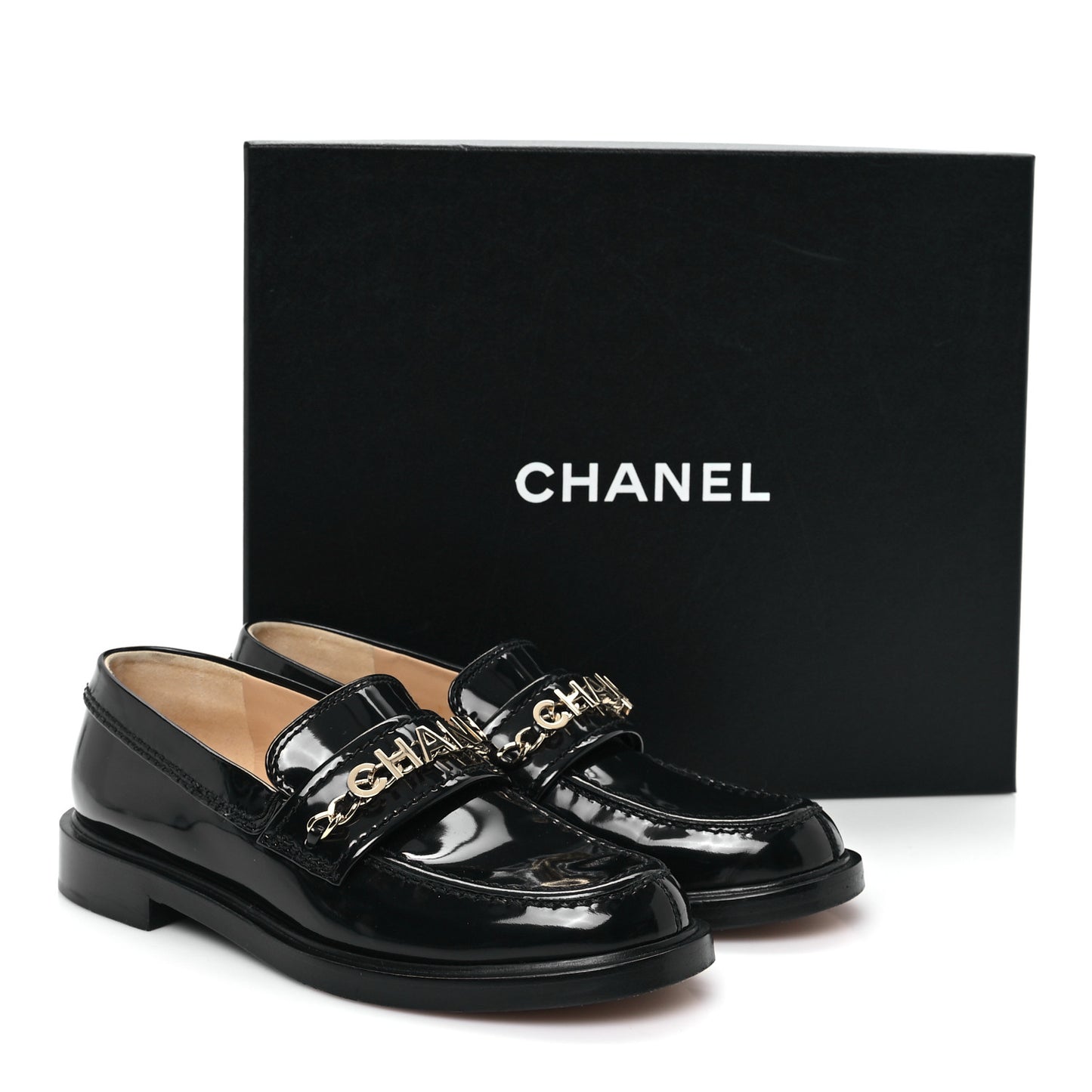 Shiny Calfskin Logo Loafers 36 Black