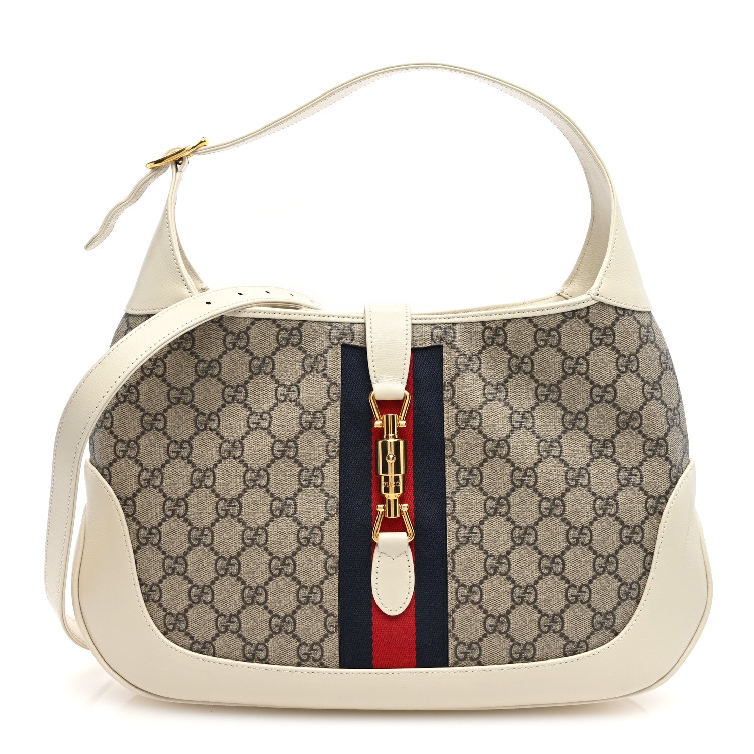Gucci GG Supreme Monogram Textured Dollar Calfskin Web Medium Jackie 1961 Hobo Beige Ebony Mystic White 1 of 10
